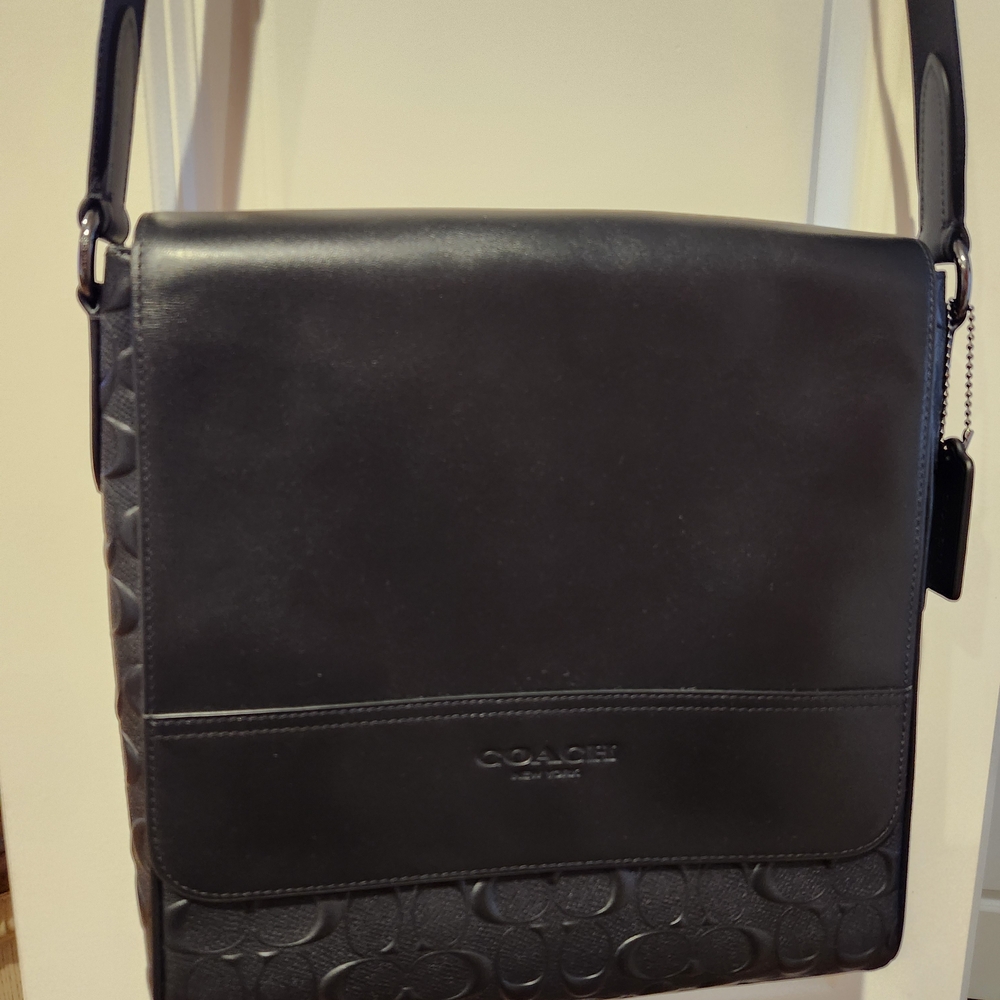 Coach Black Leather Messenger Bag with Signature Panel